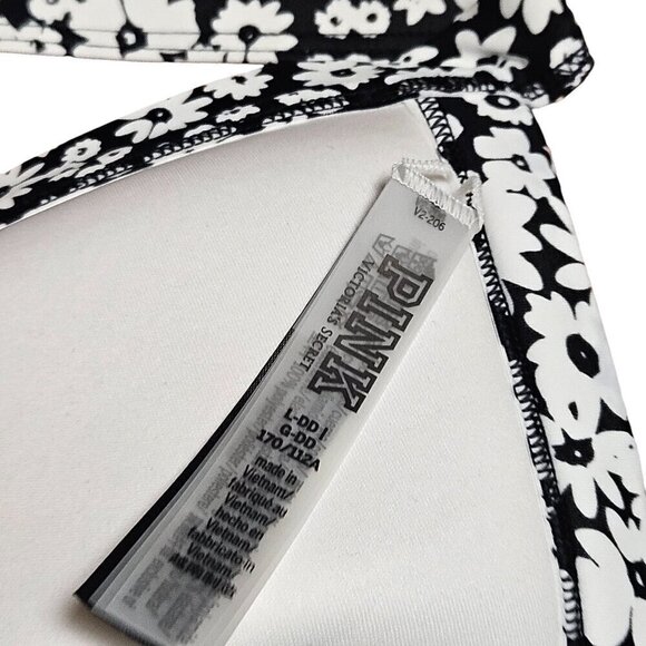 Pink By Victoria Push Up Halter Tie Bikini Swim Top L-DD Floral Black White NWT - Picture 3 of 10